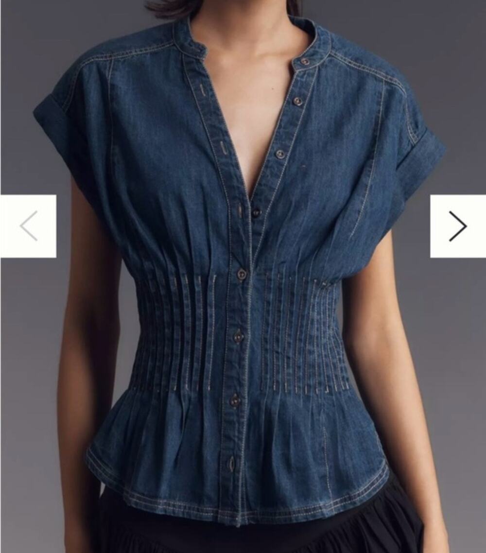 Anthropologie Pilcro Linden Denim Pleated Waisted Blouse Blue Western SS Top XS